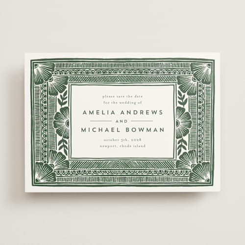 This is a fern save the date with standard by Katharine Watson called block print frame printing on signature in standard