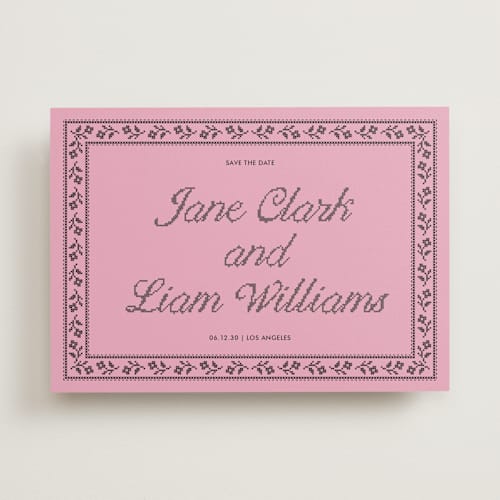 This is a bubblegum save the date with standard by Kelly Watkins called avery printing on signature in standard