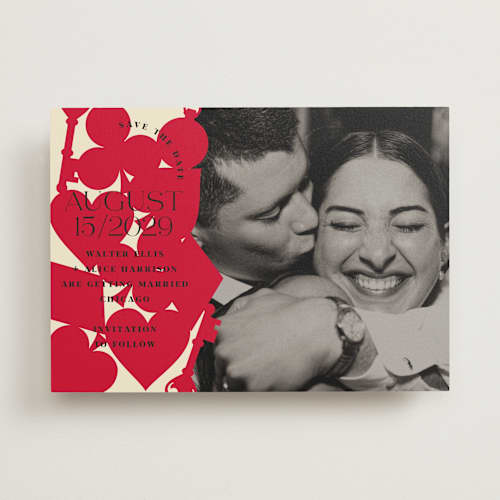 This is a ruby save the date with standard by Baumbirdy called pair of hearts from disney's alice in wonderland printing on signature in standard