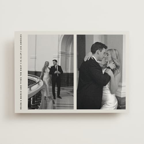 This is a stone save the date with standard by Becky Nimoy called diptych photos printing on signature in standard