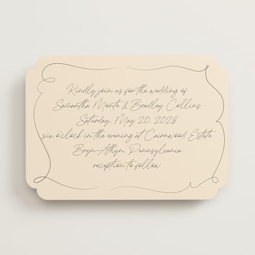 This is a champagne wedding invitations with standard by Wallace Design Co. called french whimsy script printing on signature in standard