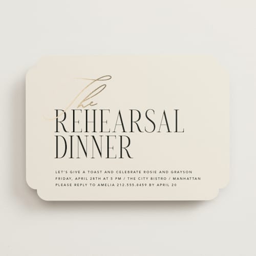 This is a ecru rehearsal dinner invitations with foil pressed by Louise Kay called chic celebration printing on signature in standard