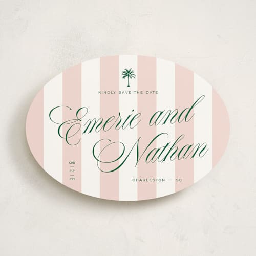 This is a taffy save the date with standard by Susan Zinader called palm stripes printing on signature in standard