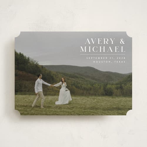 This is a ivory save the date with standard by Juneau Designs called hold tight printing on recycled smooth signature in standard