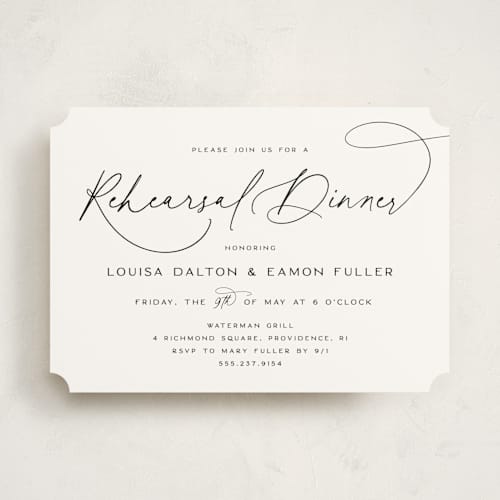 This is a peppercorn rehearsal dinner invitations with standard by Olivia Raufman called dashing script printing on signature in standard