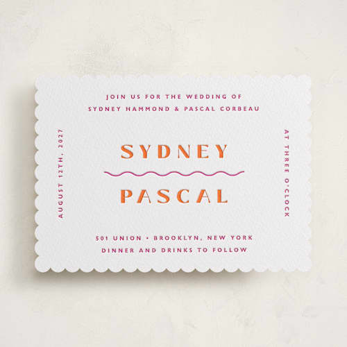 This is a flamingo letterpress wedding invitations with letterpress by Olivia Raufman called tanti baci printing on white cotton in standard