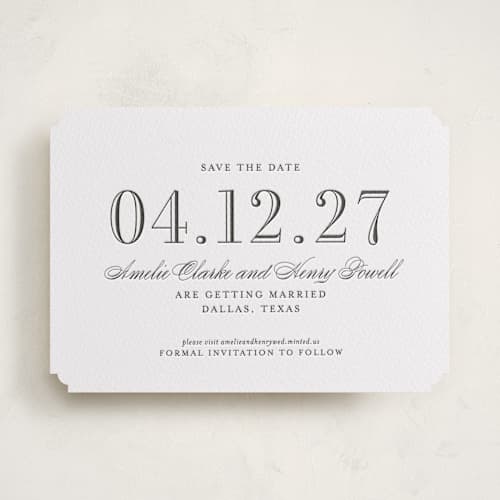 This is a soft black save the date with letterpress by Megan Davis called hepburn printing on white cotton in standard