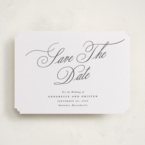 This is a soft black save the date with letterpress by Susan Zinader called romantic script printing on white cotton in standard