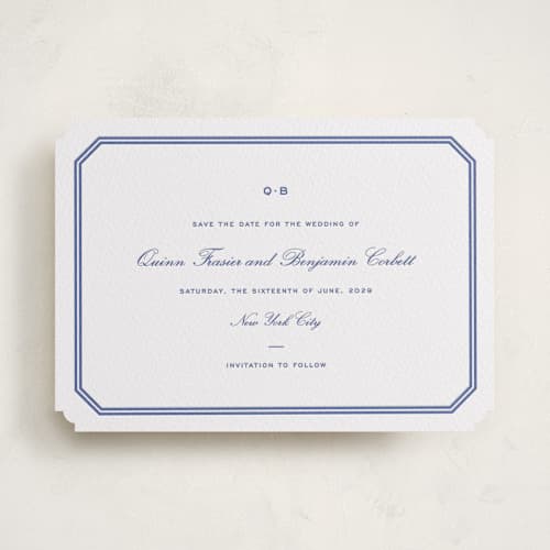 This is a mediterranean save the date with letterpress by Megan Davis called brasserie printing on white cotton in standard