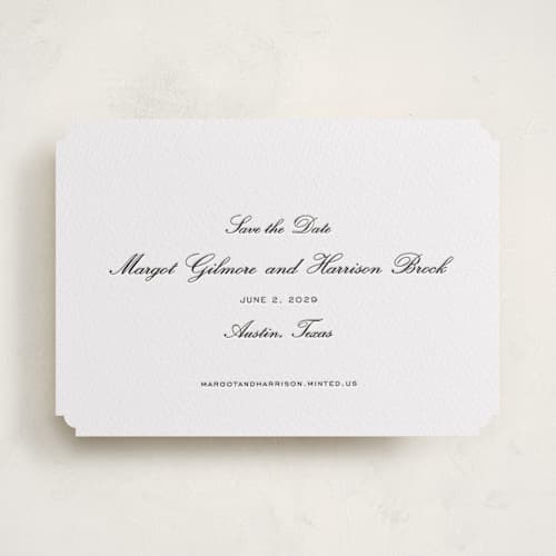 This is a soft black save the date with letterpress by Megan Davis called cornelia printing on white cotton in standard