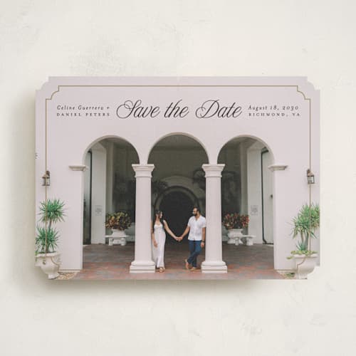 This is a golden save the date with standard by Pink House Press called notched up printing on recycled smooth signature in standard