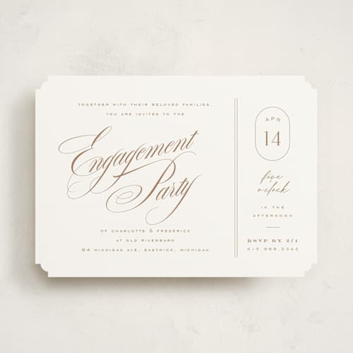 This is a cocoa engagement party invitations with standard by chocomocacino called gelt printing on signature in standard