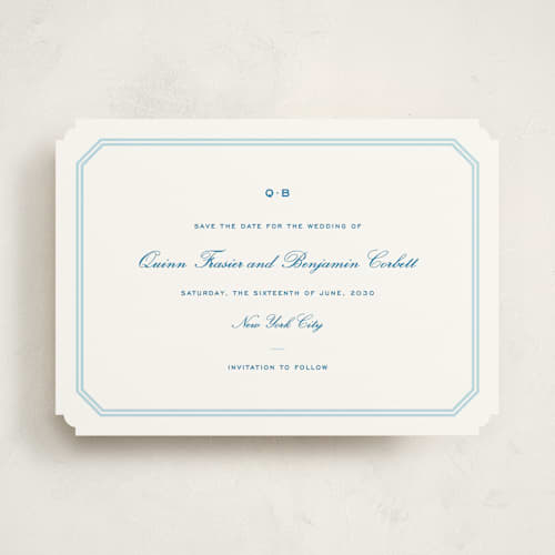 This is a marine blue save the date with standard by Megan Davis called brasserie printing on signature in standard