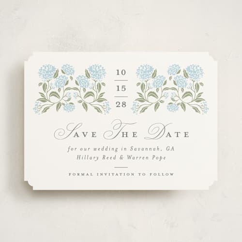 This is a nantucket save the date with standard by Susan Zinader called hydrangea hedge printing on signature in standard