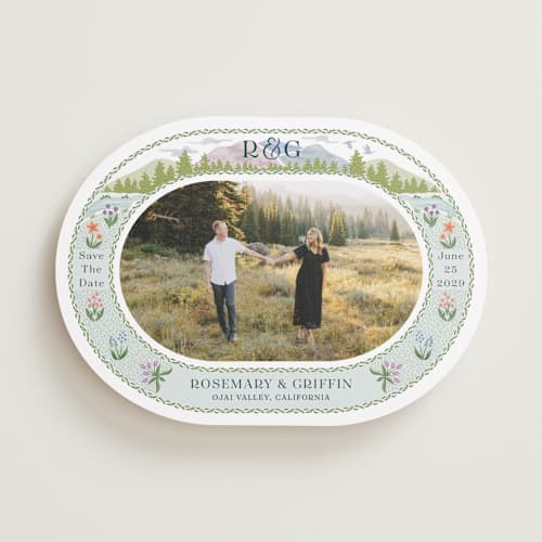 This is a pine save the date with standard by Paper Sun Studio called river valley printing on recycled smooth signature in standard
