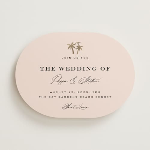 This is a blush foil stamped wedding invitations with foil pressed by Laura Hamm called tropical getaway printing on signature in standard