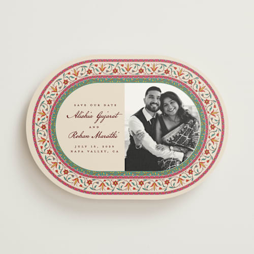 This is a ivory save the date with standard by Sherley Ferreira called mughal gardens printing on signature in standard
