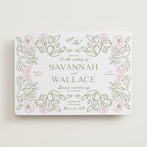 This is a peony letterpress wedding invitations with letterpress by Susan Zinader called sketched foliage printing on white cotton in standard