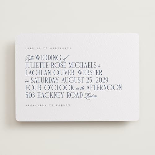 This is a blueberry letterpress wedding invitations with letterpress by Hudson meet Rose called london printing on white cotton in standard