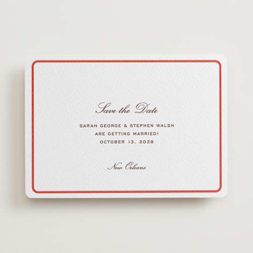 This is a verona sunset save the date with letterpress by Megan Davis called aperitif printing on white cotton in standard