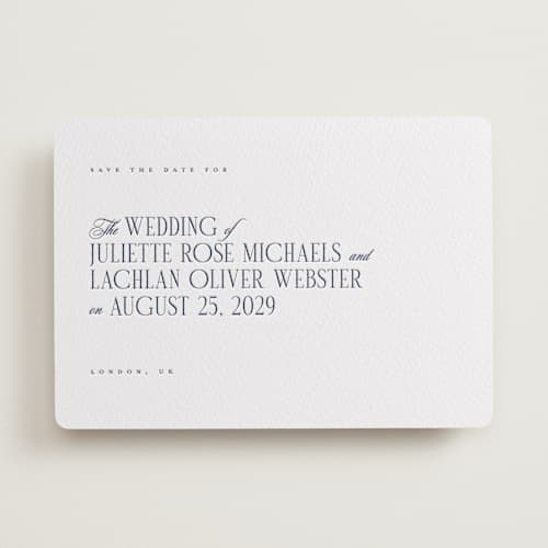 This is a blueberry save the date with letterpress by Hudson meet Rose called london printing on white cotton in standard