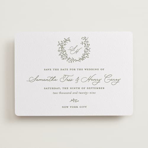This is a artichoke save the date with letterpress by Katherine Moynagh called garden script printing on white cotton in standard