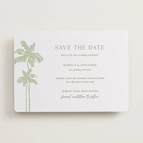This is a honeydew save the date with letterpress by Lucrecia Caporale called shoreline elegance printing on white cotton in standard