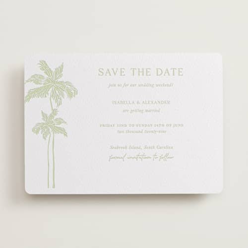 This is a honeydew save the date with letterpress by Lucrecia Caporale called shoreline elegance printing on white cotton in standard