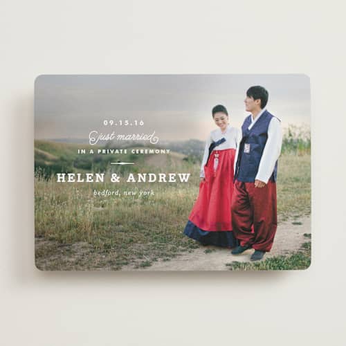 This is a white wedding announcements with standard by Oscar and Emma - Karly Depew called timeless printing on recycled smooth signature in standard