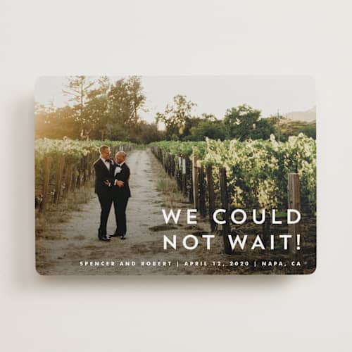 This is a cream wedding announcements with standard by Stacey Meacham called modern offset printing on recycled smooth signature in standard