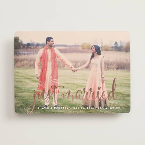 This is a rose gold wedding announcements with foil pressed by Annie Clark called aglow printing on recycled smooth signature in standard