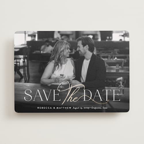 This is a sugar foil stamped save the date cards with foil pressed by Jessica Williams called enchanting printing on recycled smooth signature in standard