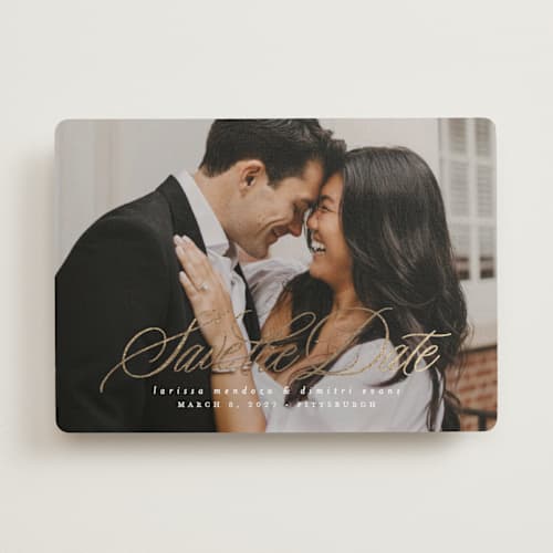 This is a pearl foil stamped save the date cards with foil pressed by Lea Delaveris called lovely day printing on recycled smooth signature in standard