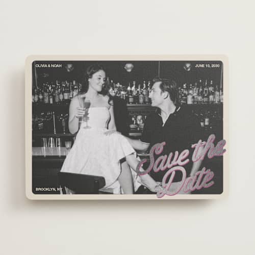 This is a plum foil stamped save the date cards with foil pressed by Inkblot Design called bartop printing on recycled smooth signature in standard