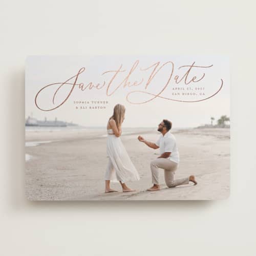 This is a dusty rose foil stamped save the date cards with foil pressed by Erin German called whisper printing on recycled smooth signature in standard