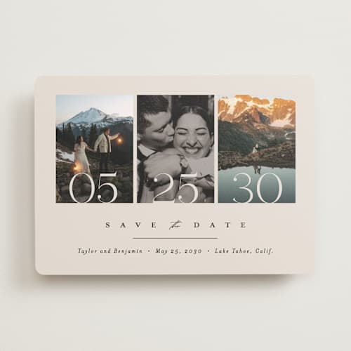 This is a ecru save the date with standard by Erica Krystek called simple trio printing on recycled smooth signature in standard