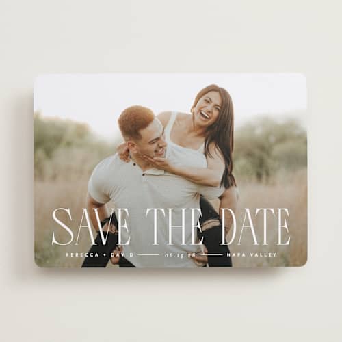 This is a cloud save the date with standard by JoAnn Jinks called headlined printing on recycled smooth signature in standard