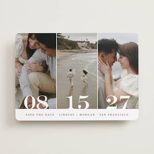 This is a noir save the date with standard by Kimberly FitzSimons called trio printing on recycled smooth signature in standard