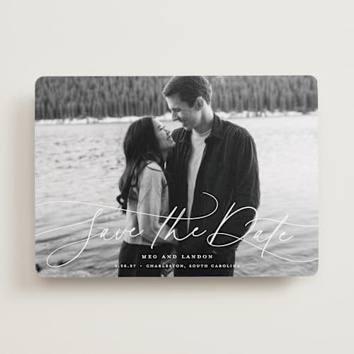 This is a snowfall save the date with standard by Lauren Chism called subtle rise printing on recycled smooth signature in standard