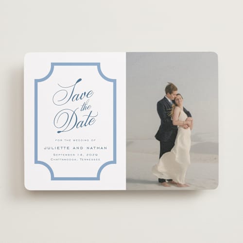 This is a bluebell save the date with standard by Jessica Williams called marenza printing on recycled smooth signature in standard