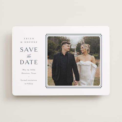 This is a french blue save the date with standard by Jennifer Postorino called ariah printing on recycled smooth signature in standard