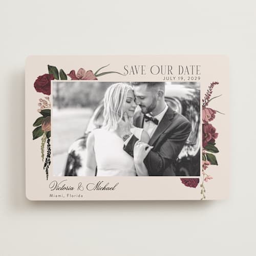 This is a merlota save the date with standard by Susan Moyal called romantics printing on recycled smooth signature in standard