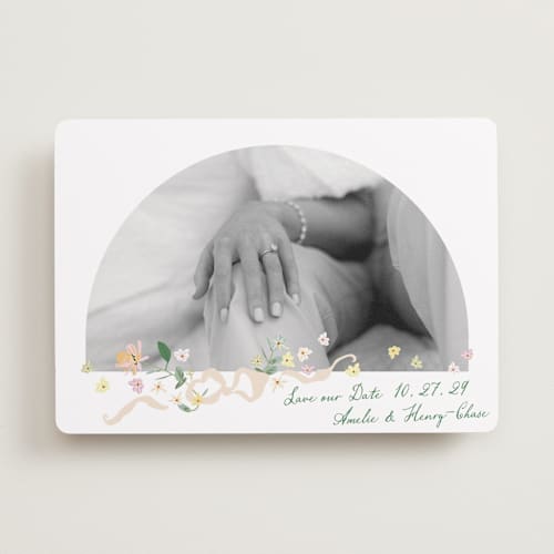 This is a spring save the date with standard by Phrosné Barwood called spring draped garland printing on recycled smooth signature in standard