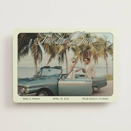 This is a palm sage save the date with standard by Ani Somi called sunset ave printing on recycled smooth signature in standard