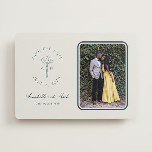 This is a sage save the date with standard by Leah Bisch called pair of calla lilies printing on recycled smooth signature in standard