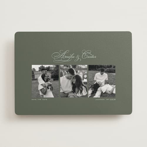 This is a pine save the date with standard by Lea Delaveris called wonder duo printing on recycled smooth signature in standard