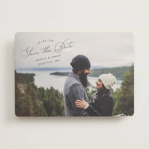 This is a smoke save the date with standard by Morgan Kendall called stamp printing on recycled smooth signature in standard