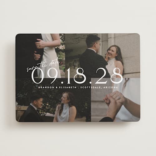 This is a opal save the date with standard by Cat Caudillo called love snaps printing on recycled smooth signature in standard