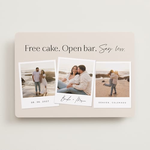 This is a almond save the date with standard by Stephanie Hawkes called say less printing on recycled smooth signature in standard