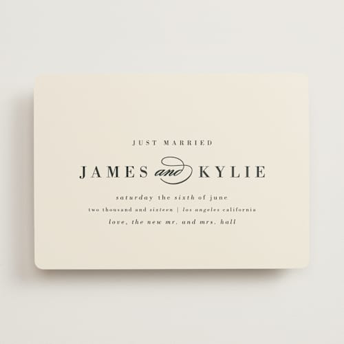 This is a charcoal wedding announcements with standard by Roxy Cervantes called classically stated printing on signature in standard